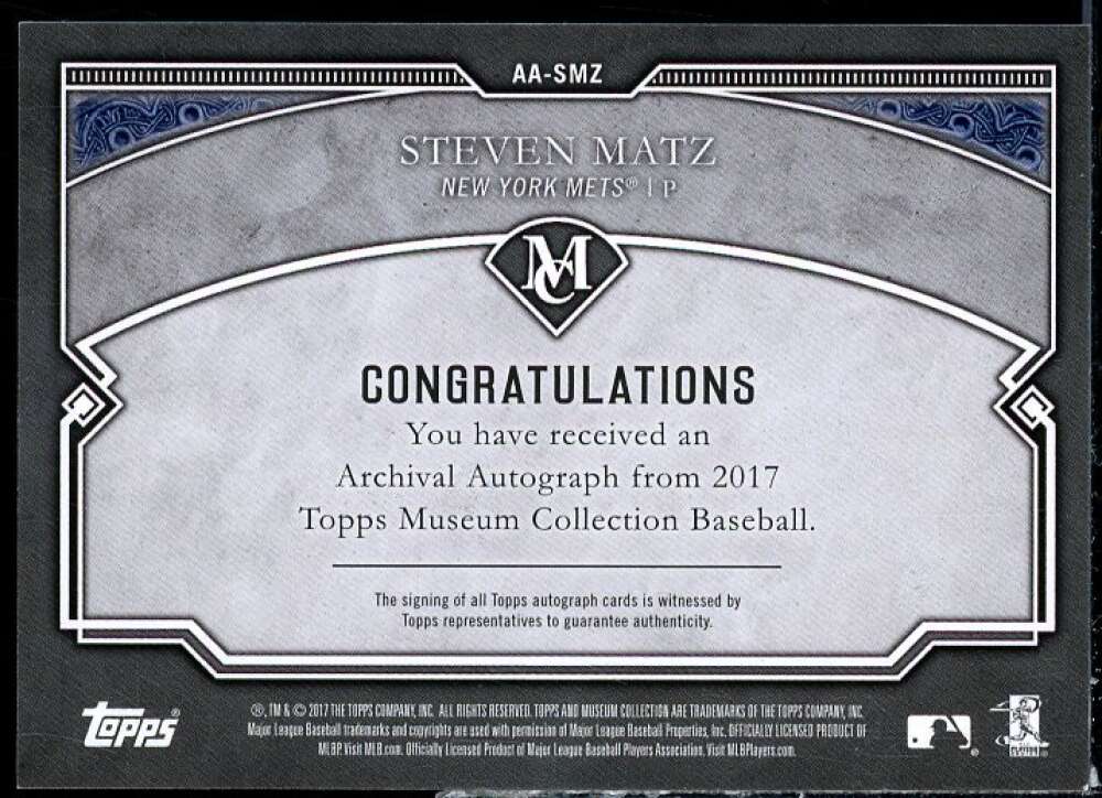 Steven Matz Card 2017 Topps Museum Collection Archival Autographs Copper #AASMZ  Image 2