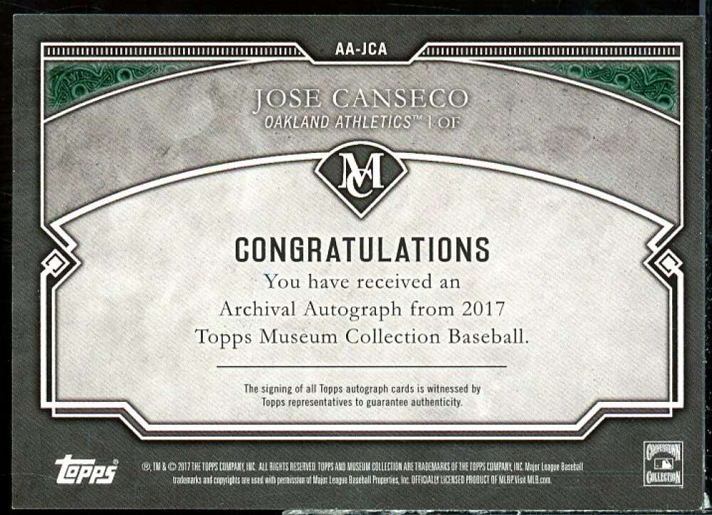 Jose Canseco 2017 Topps Museum Collection Archival Autographs Copper #AAJCA  Image 2