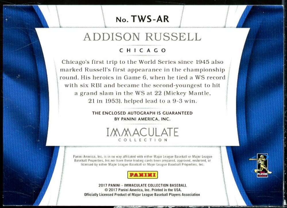 Addison Russell 2017 Immaculate Collection Immaculate Tweed Weave Signatures #6  Image 2