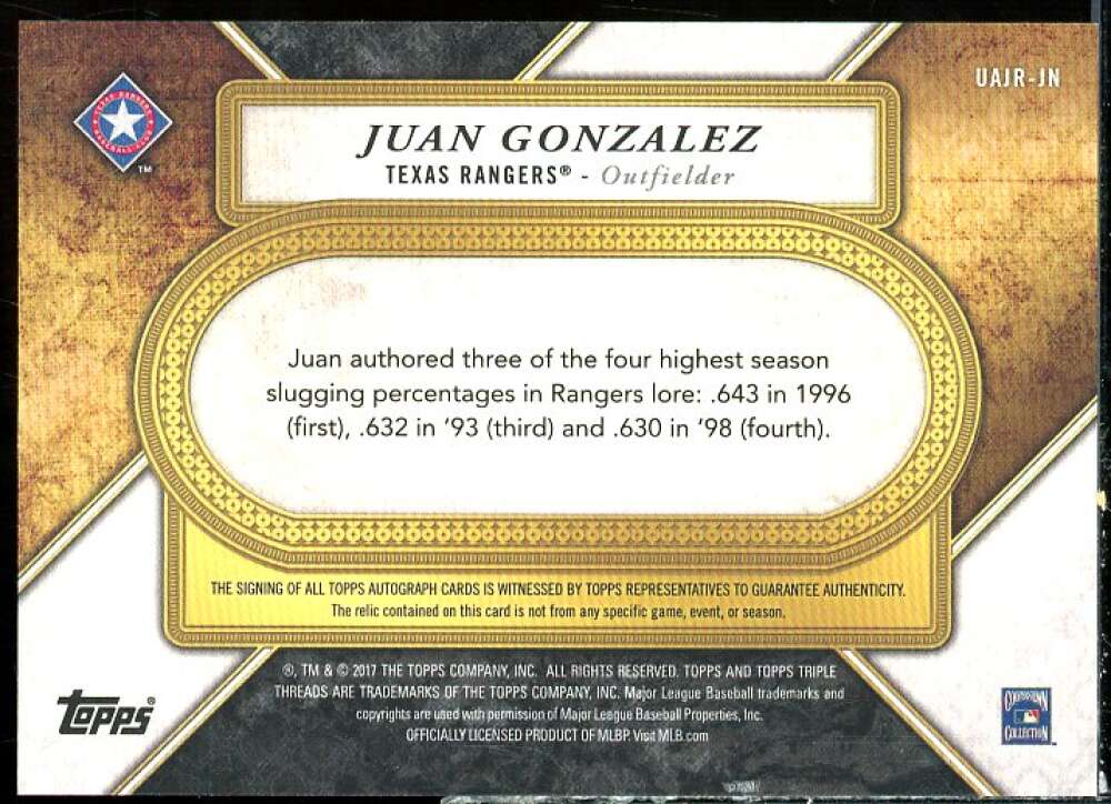 Juan Gonzalez 2017 Triple Threads Unity Jumbo Relic Autographs Silver #UAJRJN  Image 2