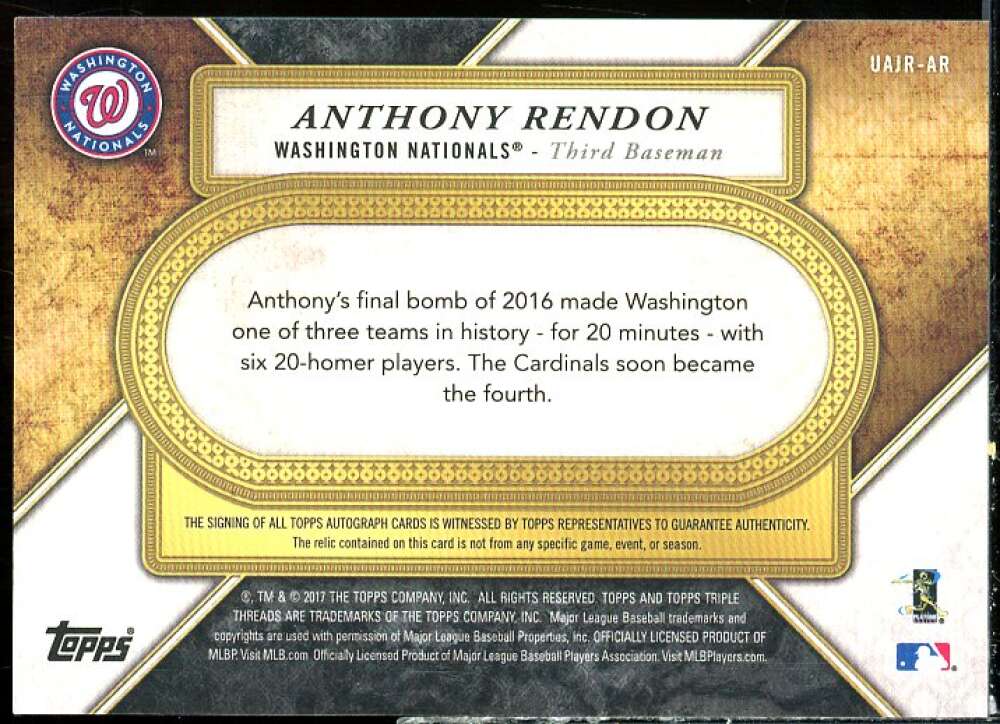 Anthony Rendon 2017 Triple Threads Unity Jumbo Relic Autographs Emerald #UAJRAR  Image 2