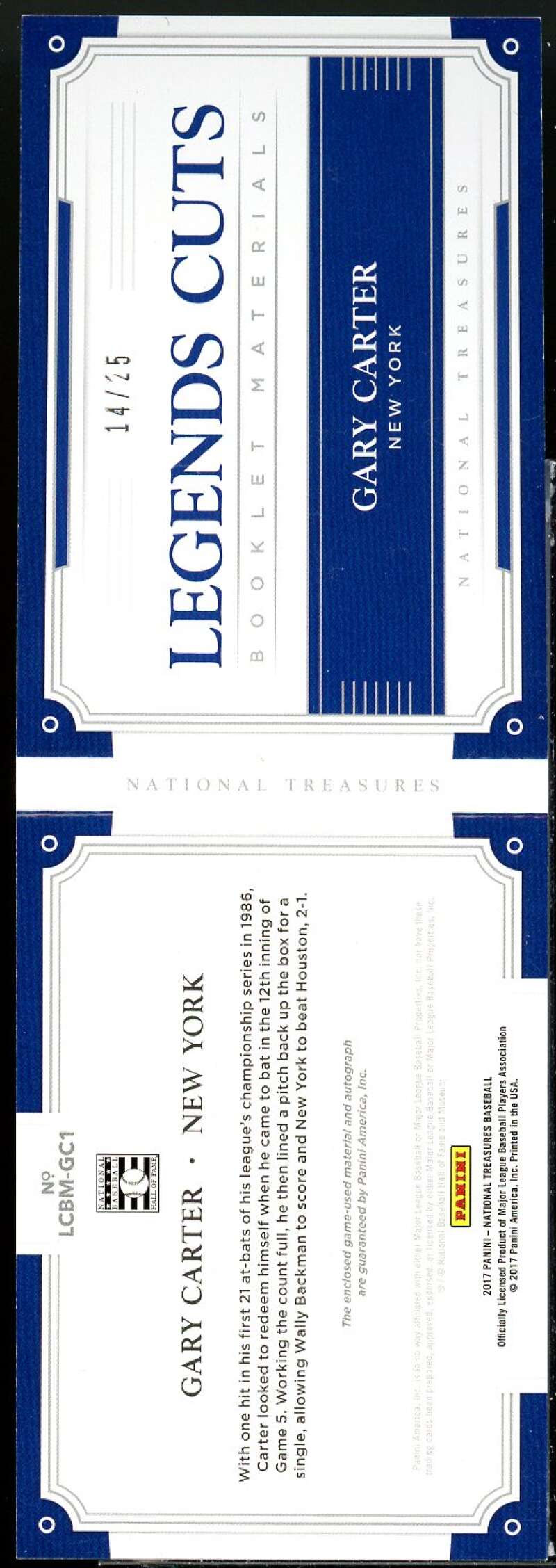 Gary Carter 2017 Panini National Treasures Legends Cuts Booklet Materials #59  Image 2