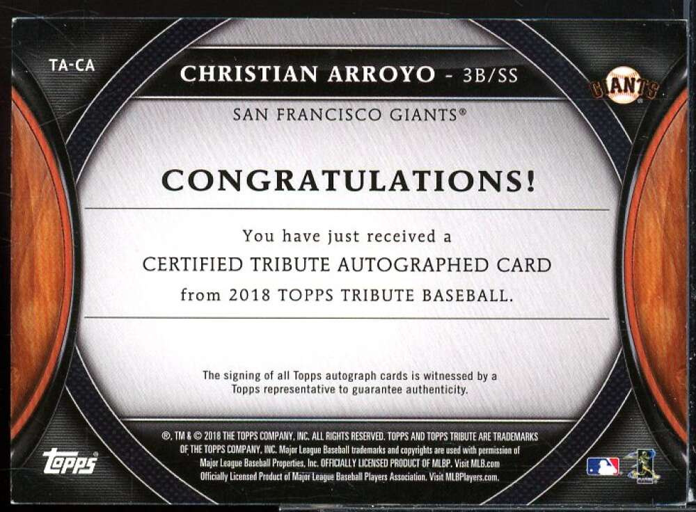Christian Arroyo Card 2018 Topps Tribute Autographs Purple #TACA  Image 2