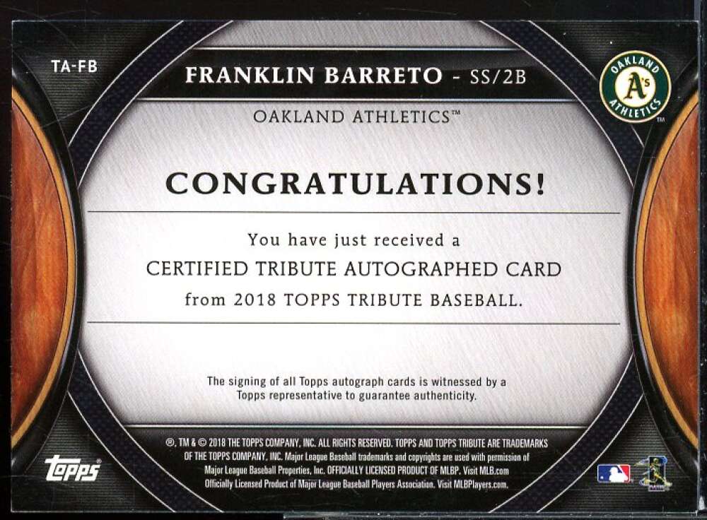 Franklin Barreto Card 2018 Topps Tribute Autographs Purple #TAFB  Image 2