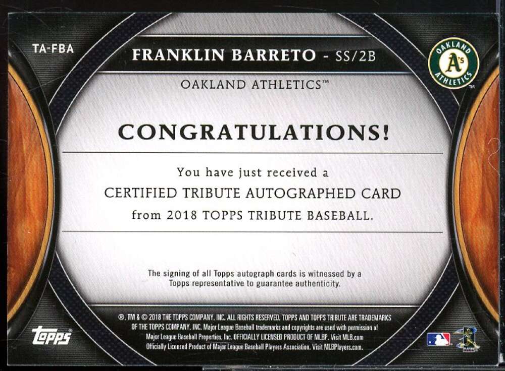 Franklin Barreto Card 2018 Topps Tribute Autographs Blue #TAFBA  Image 2