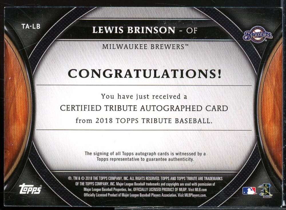 Lewis Brinson Card 2018 Topps Tribute Autographs Green #TALB  Image 2