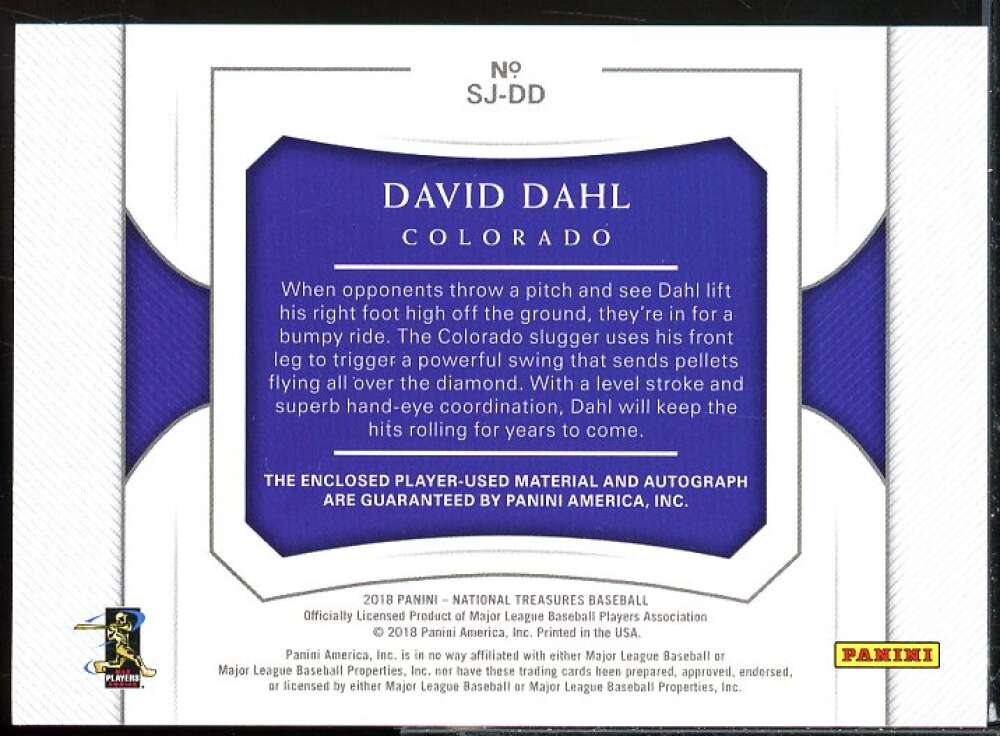 David Dahl 2018 Panini National Treasures Signature Jumbo Memorabilia Gold #26  Image 2