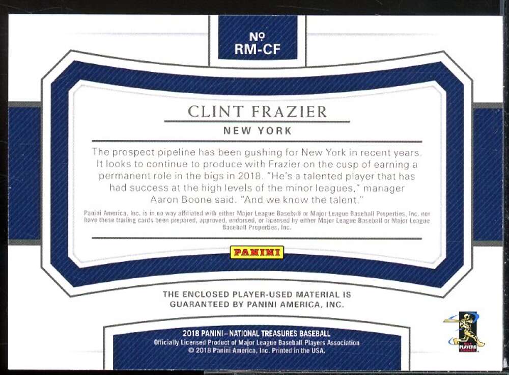 Clint Frazier 2018 Panini National Treasure Rookie Dual Material Holo Silver #5  Image 2