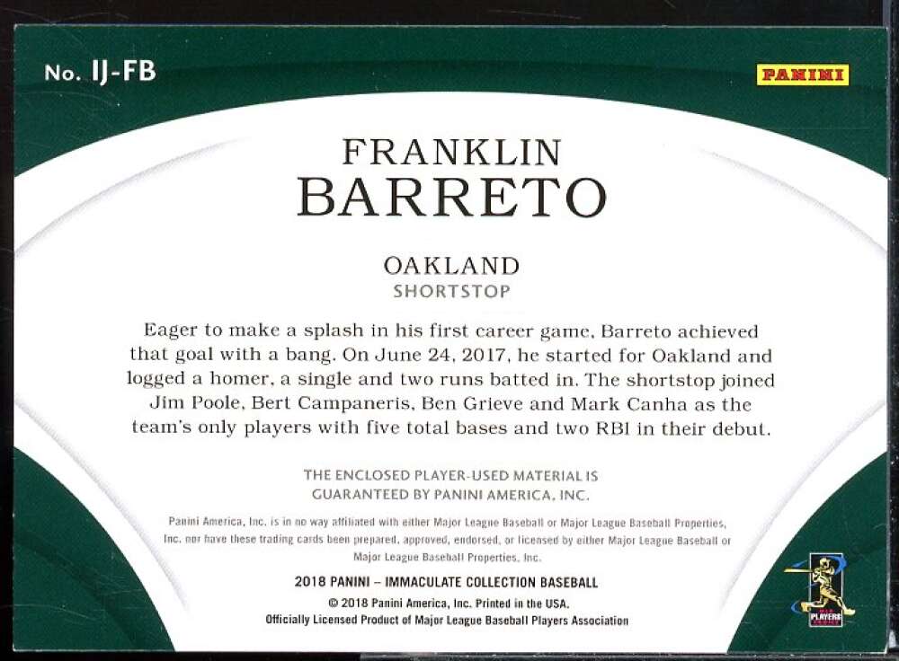 Franklin Barreto 2018 Immaculate Collection Immaculate Jumbo Jersey Number #73  Image 2