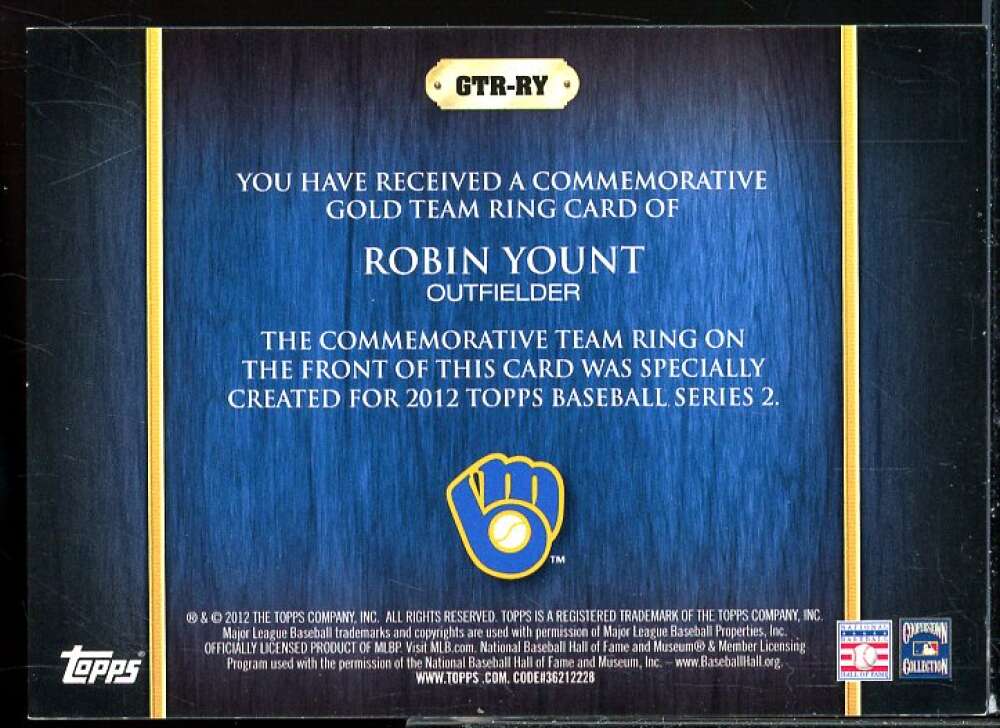 Robin Yount Card 2012 Topps Team Rings #RY  Image 2