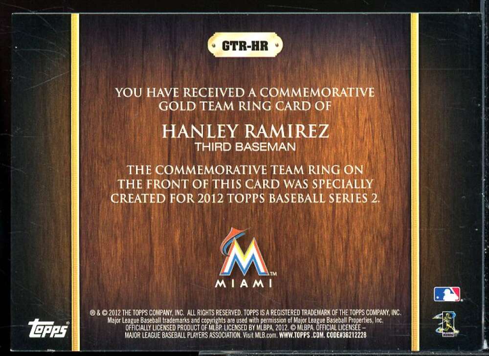 Hanley Ramirez Card 2012 Topps Team Rings #HR  Image 2