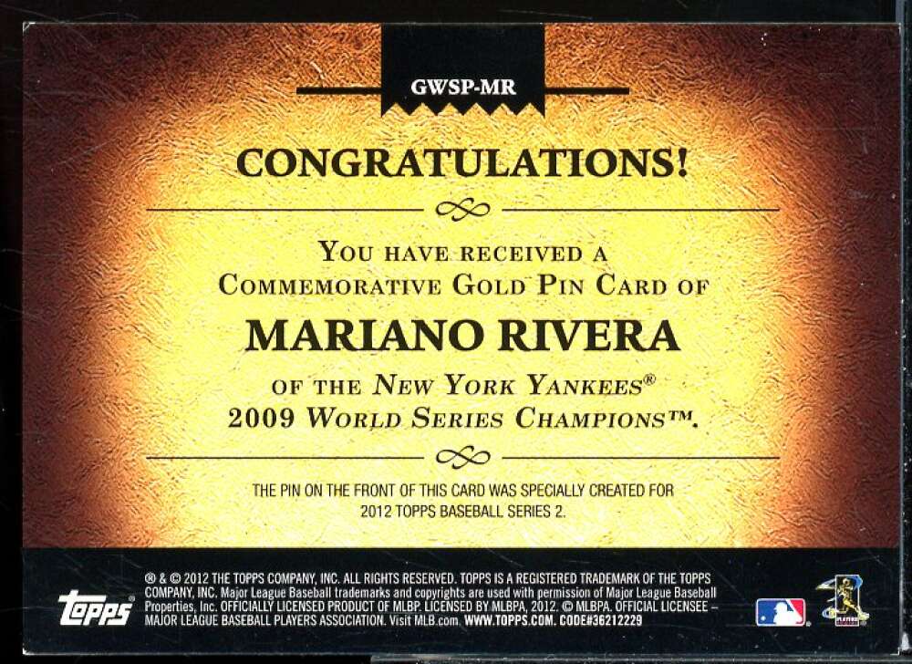Mariano Rivera Card 2012 Topps Gold World Series Champion Pins #MR  Image 2