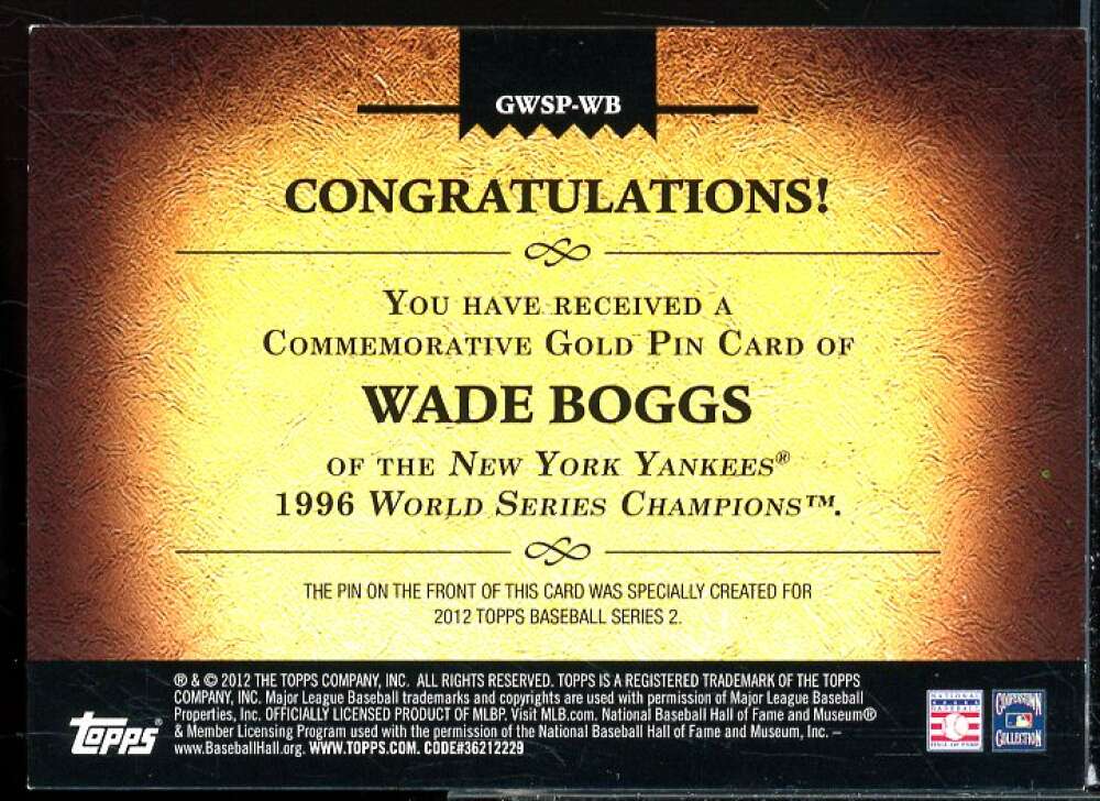 Wade Boggs Card 2012 Topps Gold World Series Champion Pins #WB  Image 2