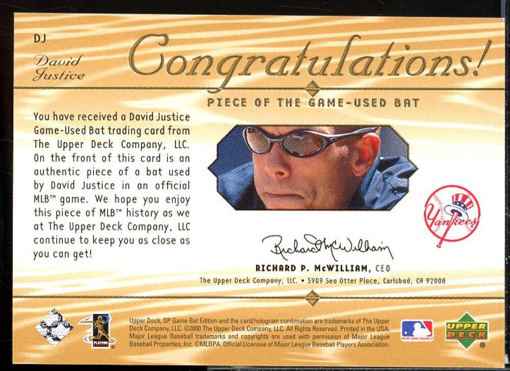 David Justice Card 2001 SP Game Bat Edition Piece of the Game #DJ  Image 2
