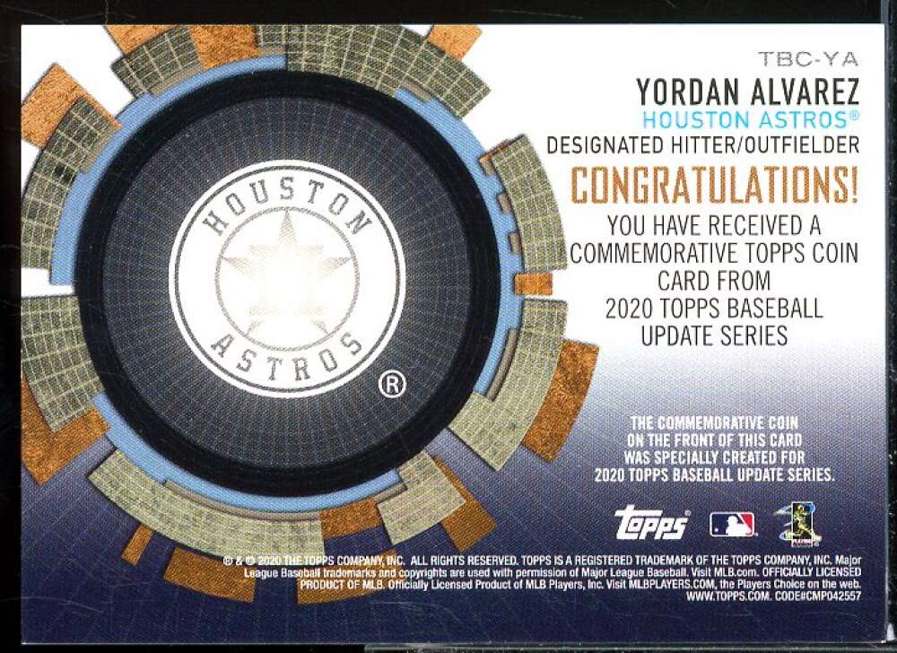 Yordan Alvarez Rookie Card 2020 Topps Update Coin Cards #TBCYA  Image 2