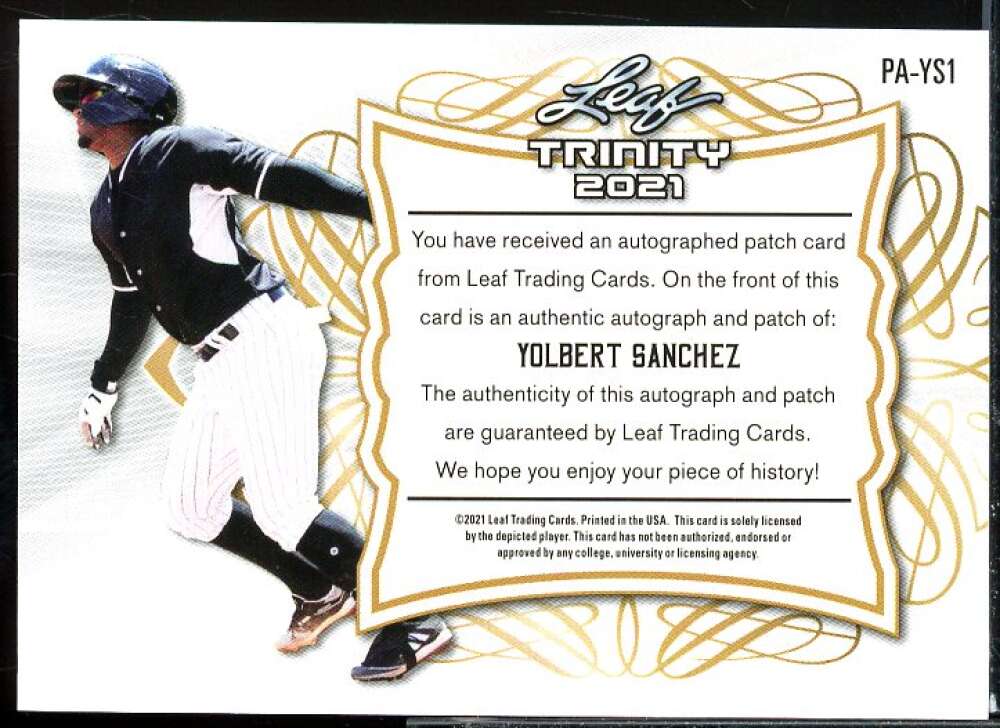 Yolbert Sanchez Card 2021 Leaf Trinity Patch Autographs #PAYS1  Image 2