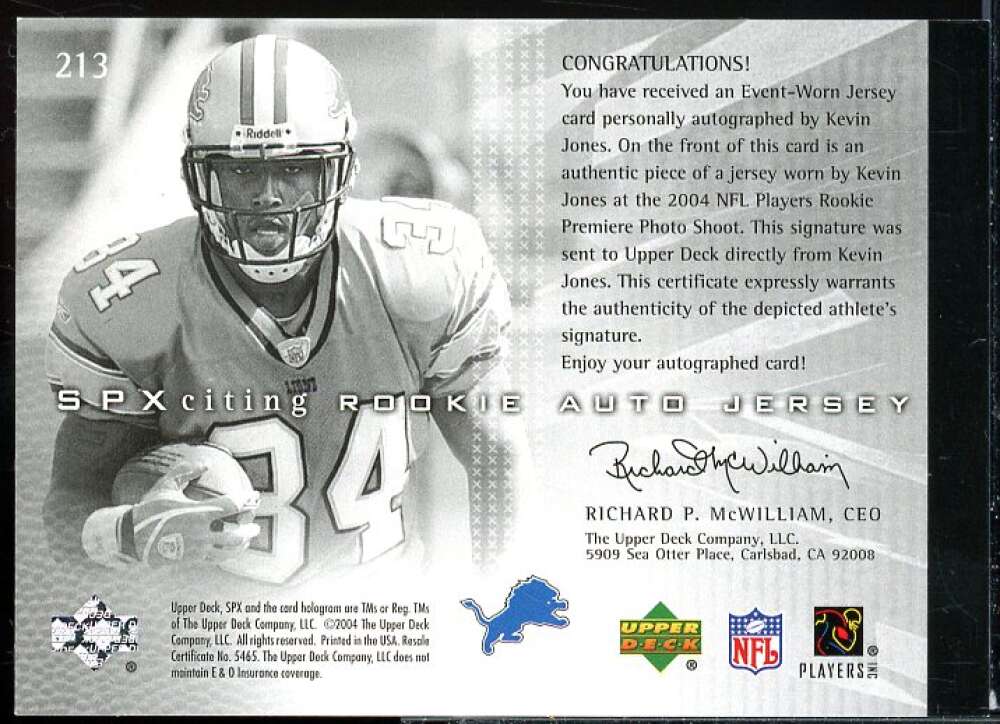 Kevin Jones JSY AU Rookie Card 2004 SPx #213  Image 2