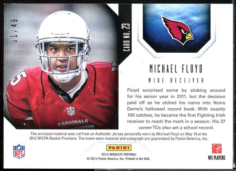 Michael Floyd Card 2012 Absolute Star Gazing Materials Autographs #23  Image 2