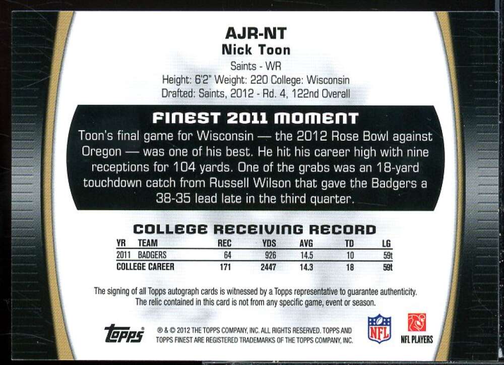 Nick Toon Card 2012 Finest Jumbo Jersey Autographs Refractors #AJRNT  Image 2