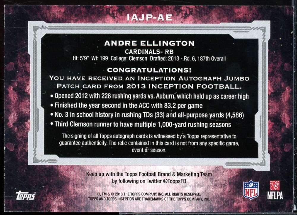 Andre Ellington Card 2013 Topps Inception Rookie Jumbo Patch Autographs #IAJPAE  Image 2