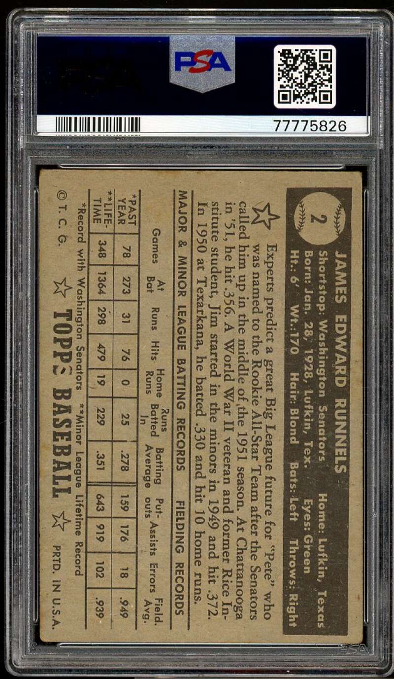 James E. Runnels Rookie Card 1952 Topps Black Back #2 PSA 3.5 Image 2