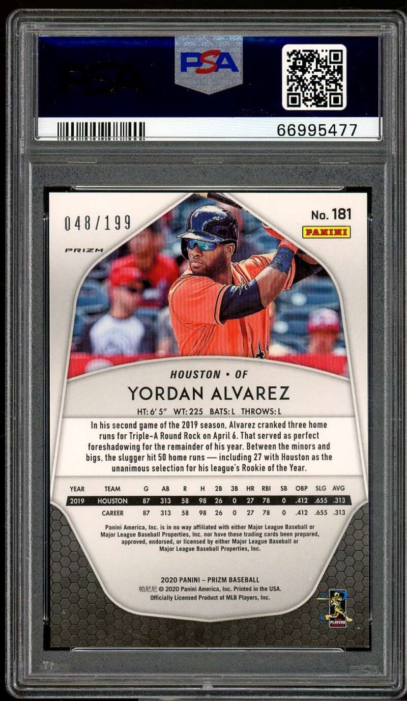 Yordan Alvarez Rookie Card 2020 Panini Prizm Blue Donut Circles Prizm #181 PSA 9 Image 2