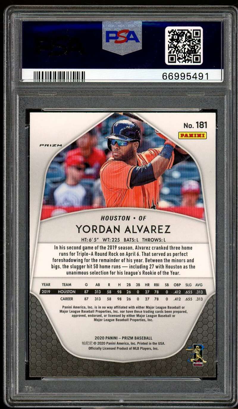 Yordan Alvarez Rookie Card 2020 Panini Prizm Red/Orange Prizm #181 PSA 9 Image 2