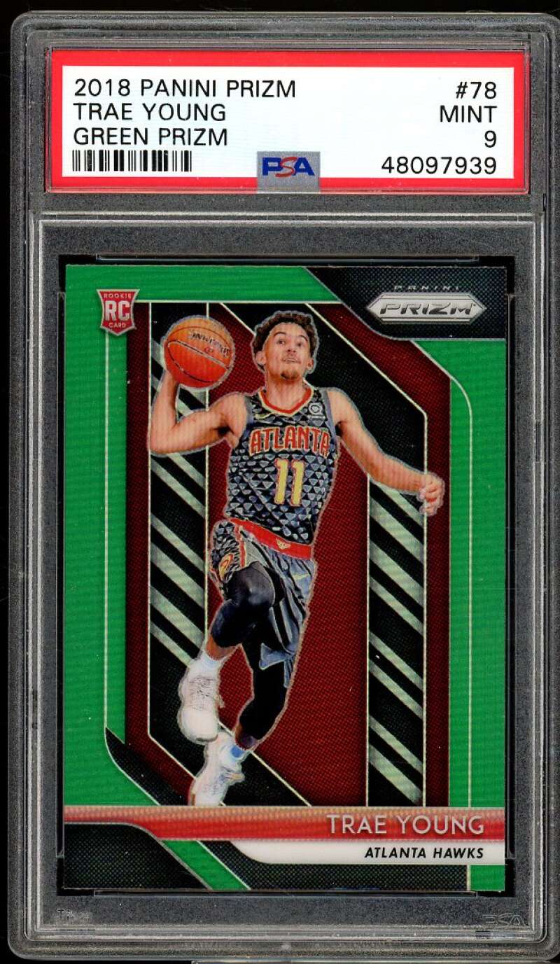 Trae Young Rookie Card 2018-19 Panini Prizm Green Prizm #78 PSA 9 Image 1