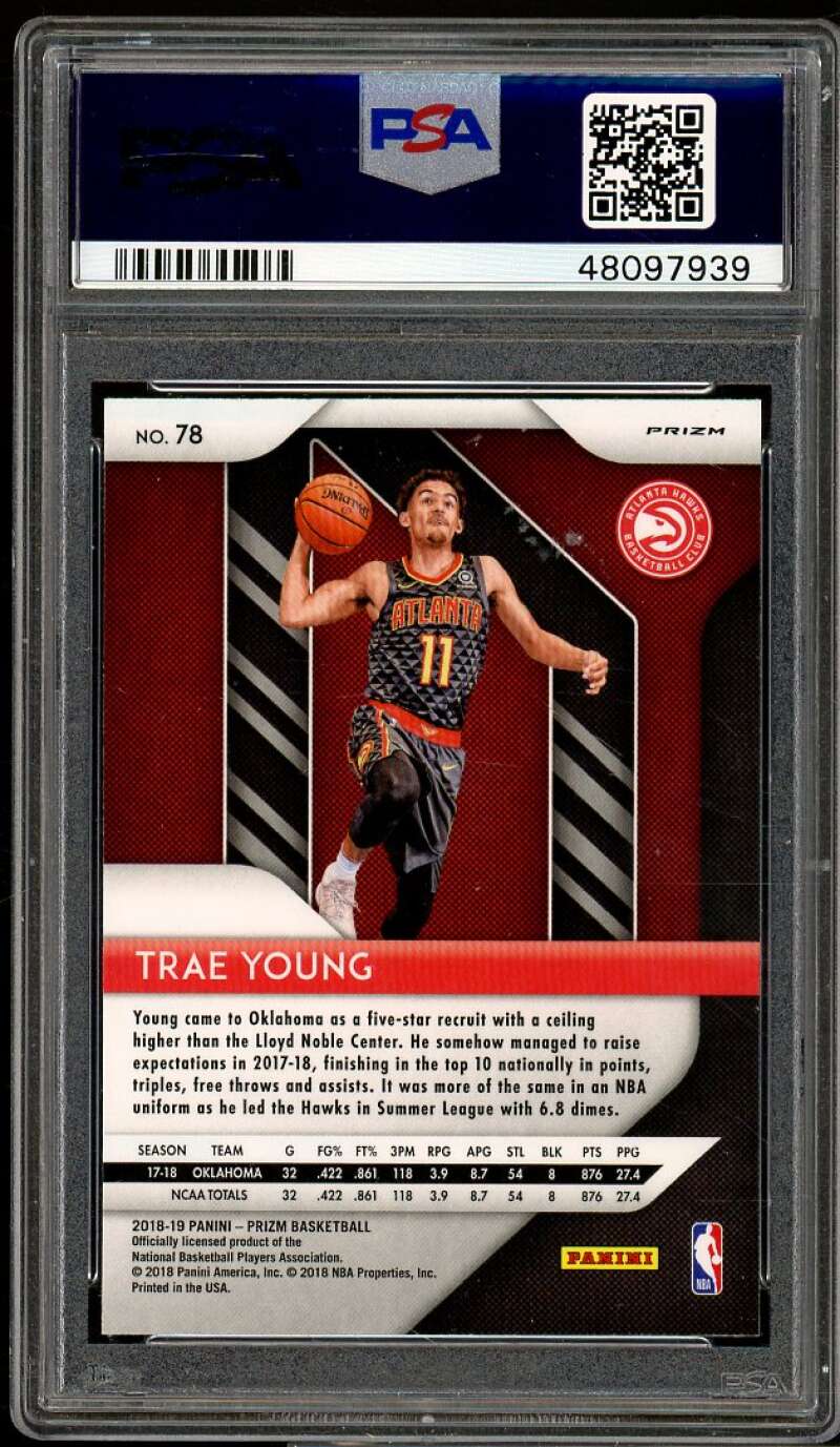 Trae Young Rookie Card 2018-19 Panini Prizm Green Prizm #78 PSA 9 Image 2