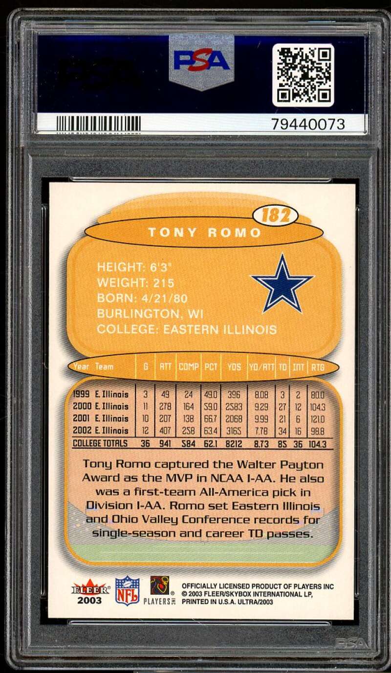 Tony Romo Rookie Card 2003 Ultra #182 PSA 10 Image 2