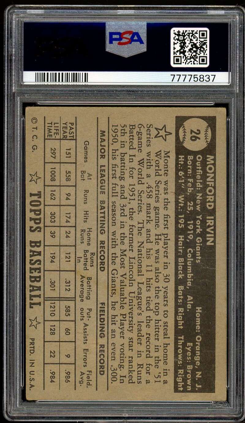 Monte Irvin Card 1952 Topps Black Back #26 PSA 4 Image 2