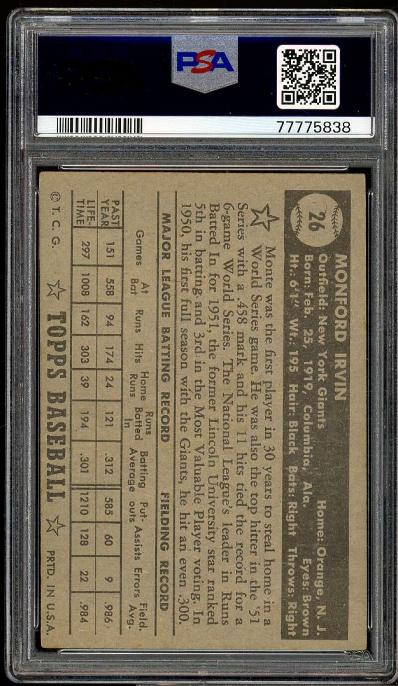 Monte Irvin Card 1952 Topps Black Back #26 PSA 4 Image 2