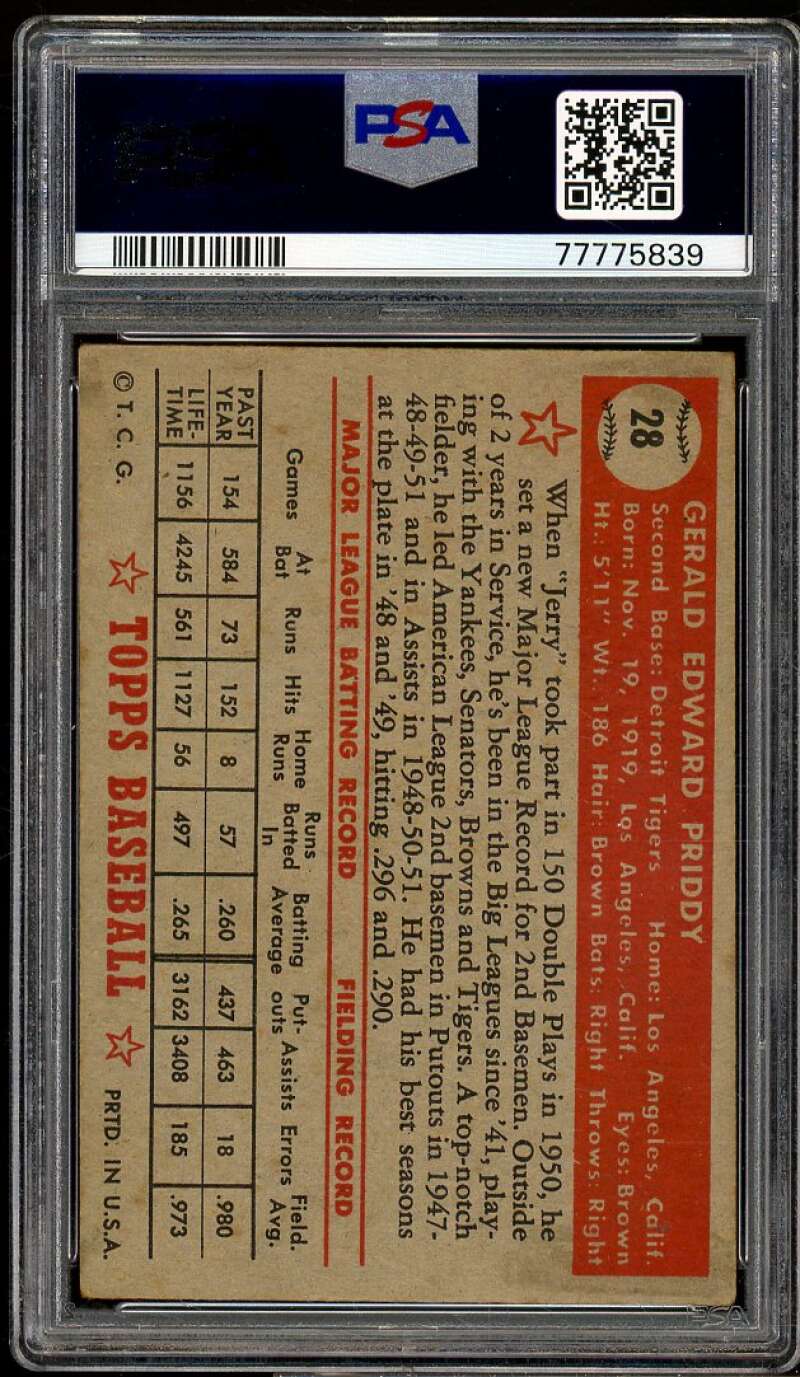 Jerry Priddy Card 1952 Topps #28 PSA 4 Image 2