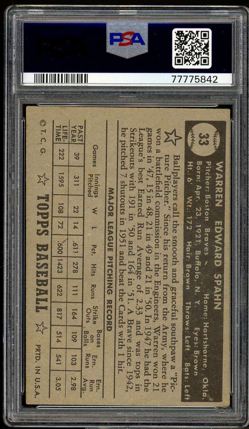 Warren Spahn Card 1952 Topps Black Back #33 PSA 4.5 Image 2