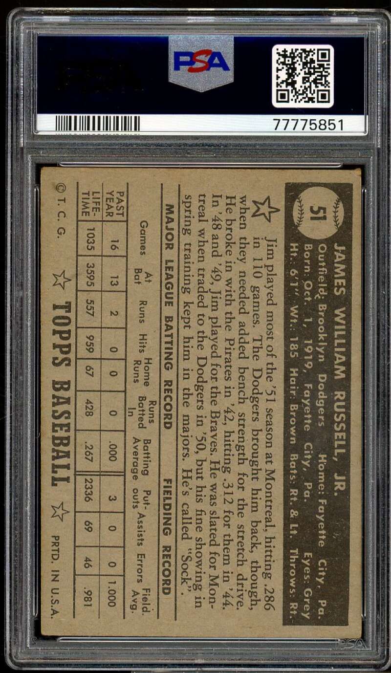 Jim Russell Card 1952 Topps Black Back #51 PSA 4.5 Image 2