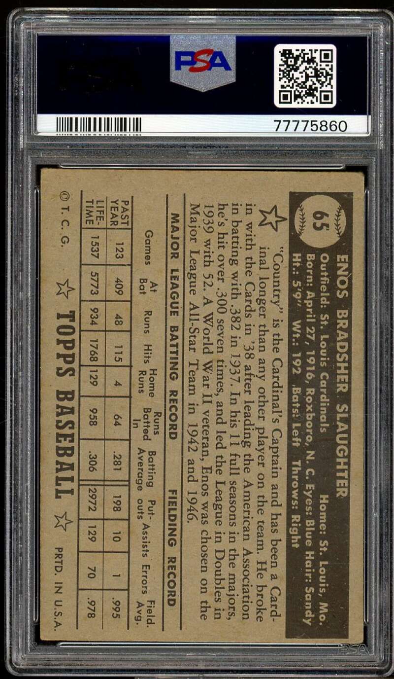 Enos Slaughter 1952 Topps Black Back #65 PSA 1 Image 2