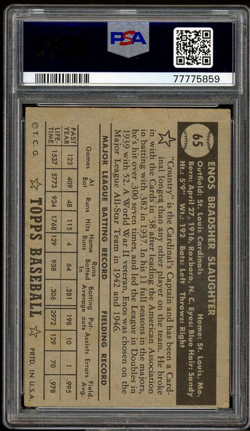 Enos Slaughter Card 1952 Topps Black Back #65 PSA 4 Image 2