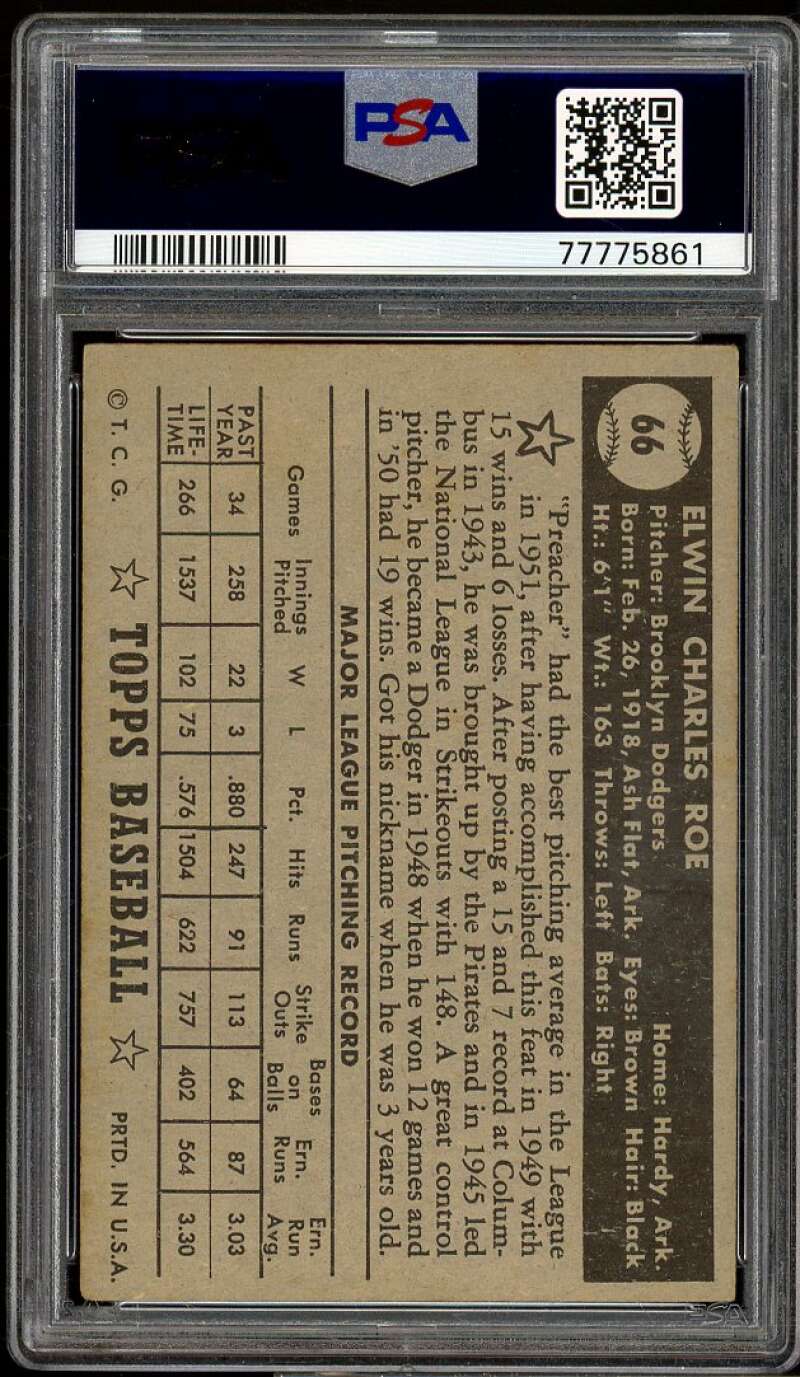 Preacher Roe Card 1952 Topps Black Back #66 PSA 5 Image 2