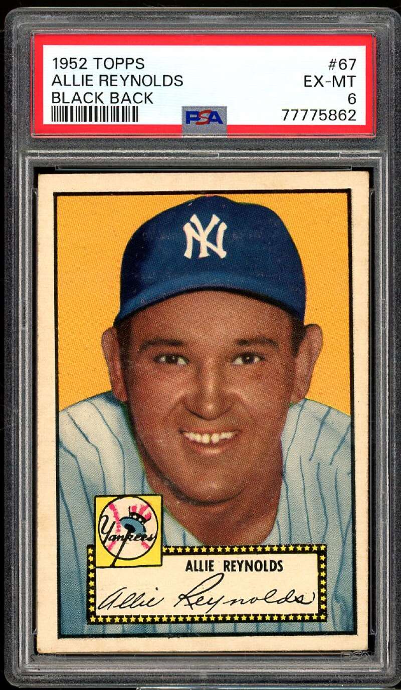 Allie Reynolds Card 1952 Topps Black Back #67 PSA 6 Image 1