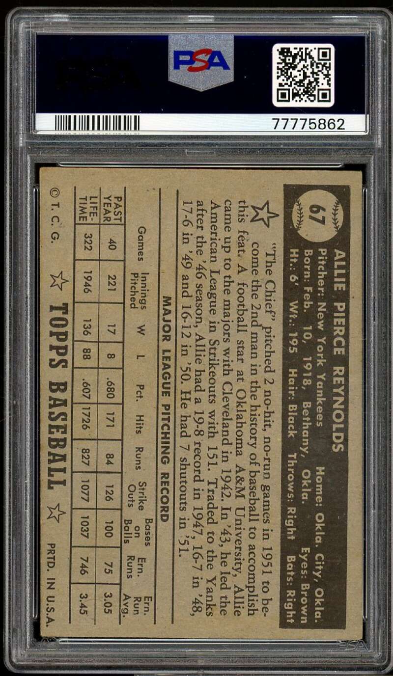 Allie Reynolds Card 1952 Topps Black Back #67 PSA 6 Image 2