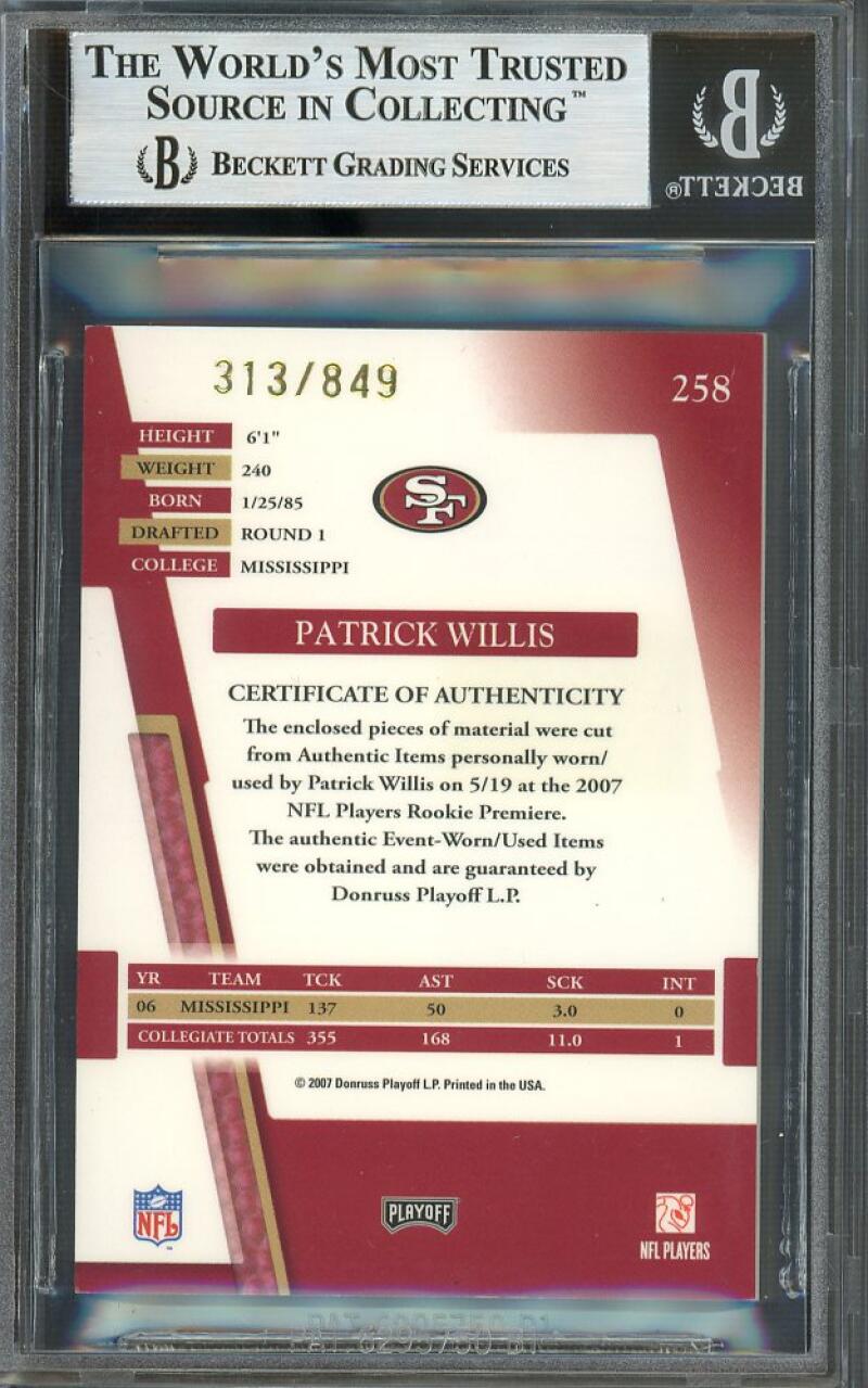 Patrick Willis Rookie Card 2007 Absolute Memorabilia Rookie Premier Materials #258 BGS 8.5 Image 2