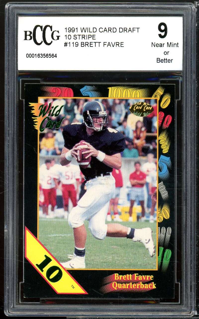1991 Wild Card Draft 10 Stripe #119 Brett Favre Rookie BGS BCCG 9 Near Mint+ Image 1