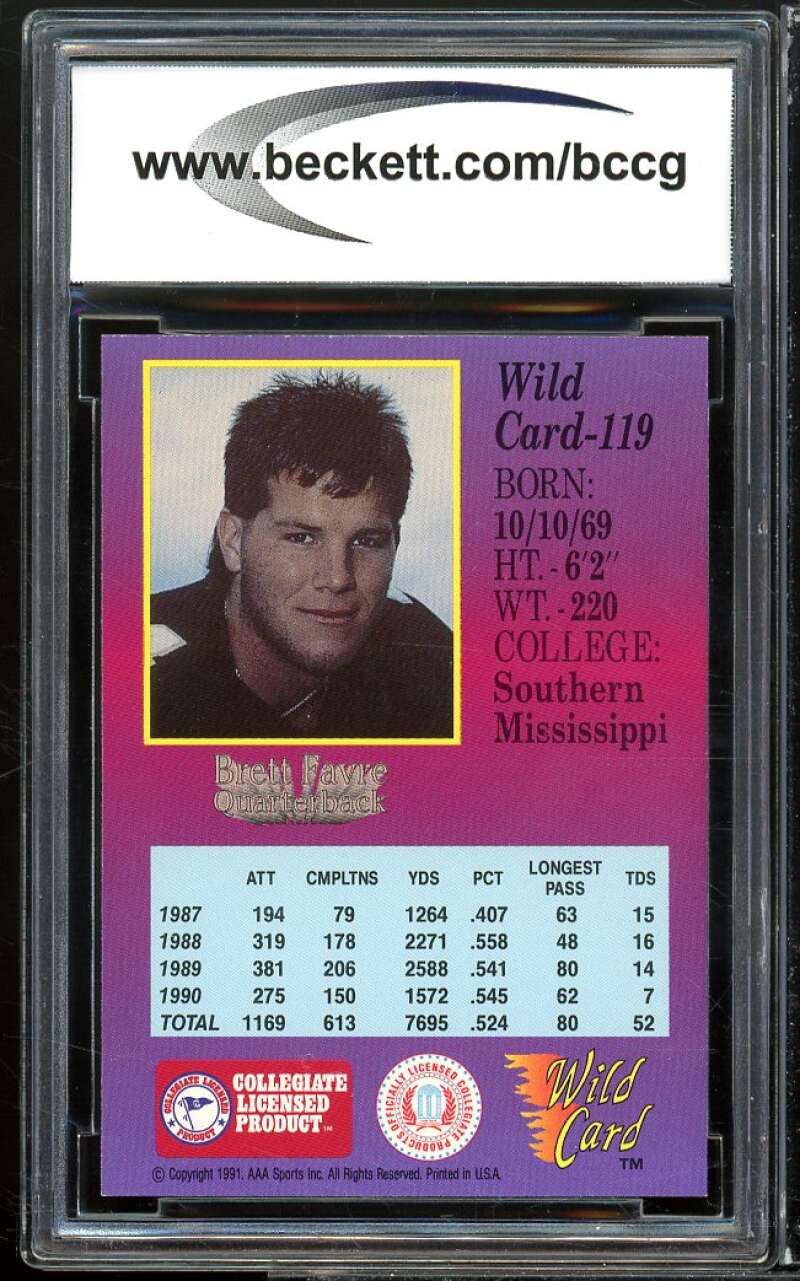 1991 Wild Card Draft 10 Stripe #119 Brett Favre Rookie BGS BCCG 9 Near Mint+ Image 2