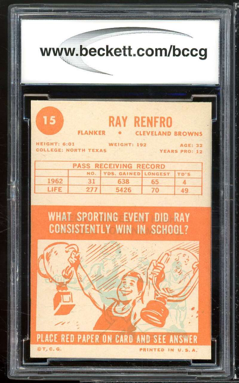 1963 Topps #15 Ray Renfro Card BGS BCCG 9 Near Mint+ Image 2