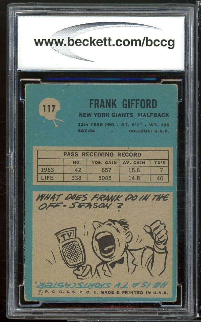 1964 Philadelphia #117 Frank Gifford Card BGS BCCG 7 Very Good+ Image 2