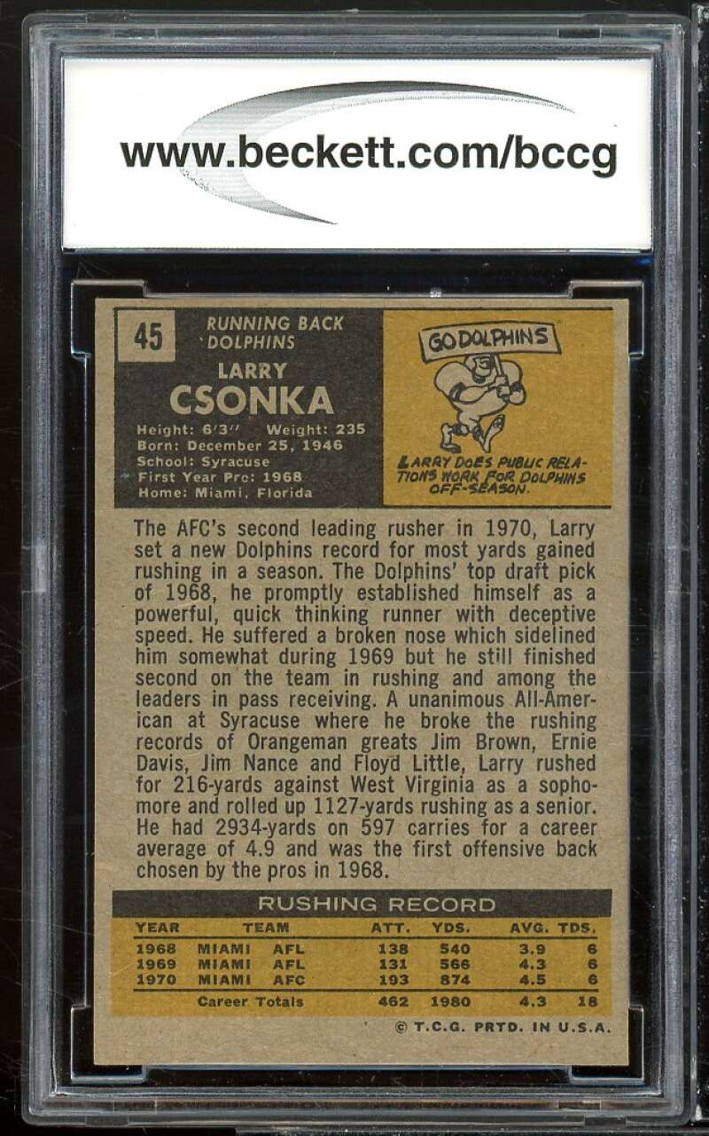 1971 Topps #45 Larry Csonka Card BGS BCCG 9 Near Mint+ Image 2