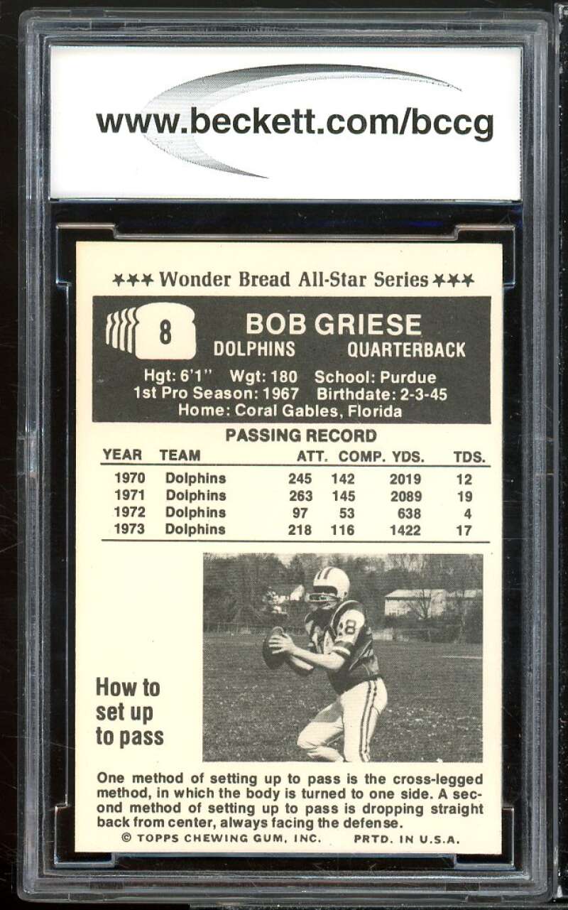 1974 Wonder Bread #8 Bob Griese Card BGS BCCG 9 Near Mint+ Image 2