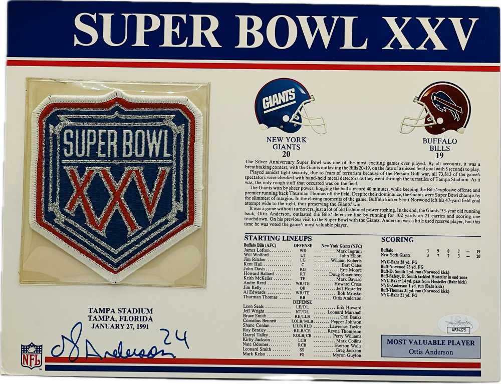 Ottis Anderson Autograph Signed NFL Super Bowl XXV Patch Giants JSA Authentic  Image 1