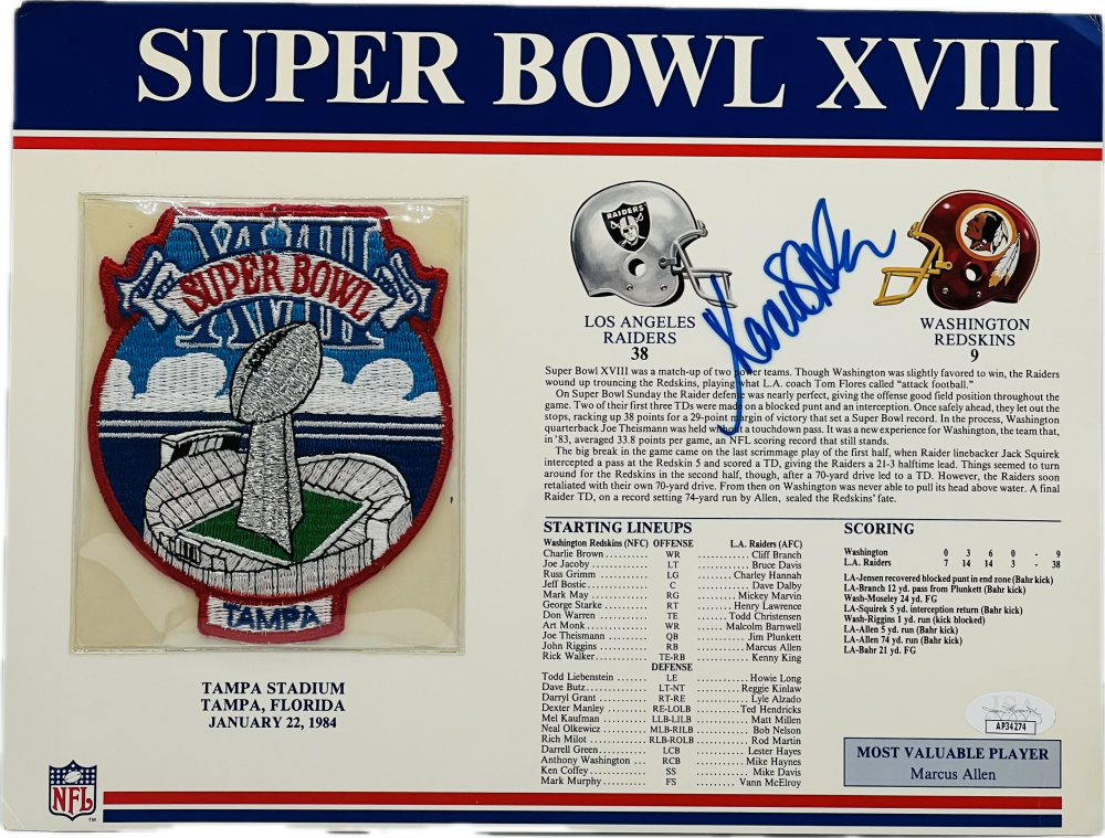 Marcus Allen Autograph Signed NFL Super Bowl XVII Patch Raiders JSA Authentic   Image 1