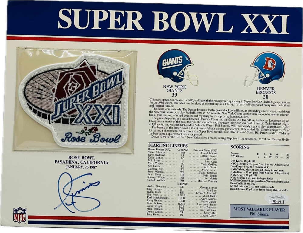 Phil Simms Autograph Signed NFL Super Bowl XXI Patch Giants JSA Authentic   Image 1